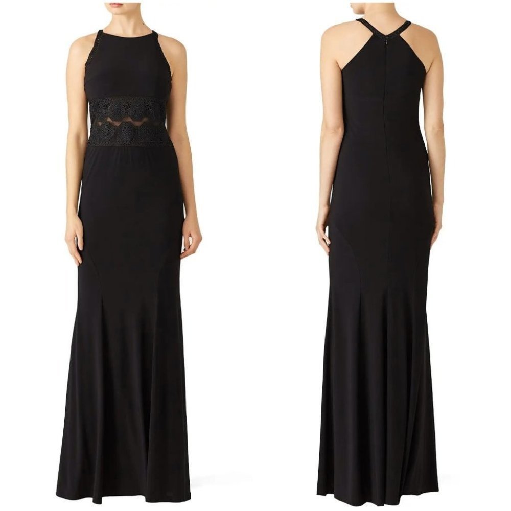LM Collection Black Mesh Insert Crochet Formal Gown $285